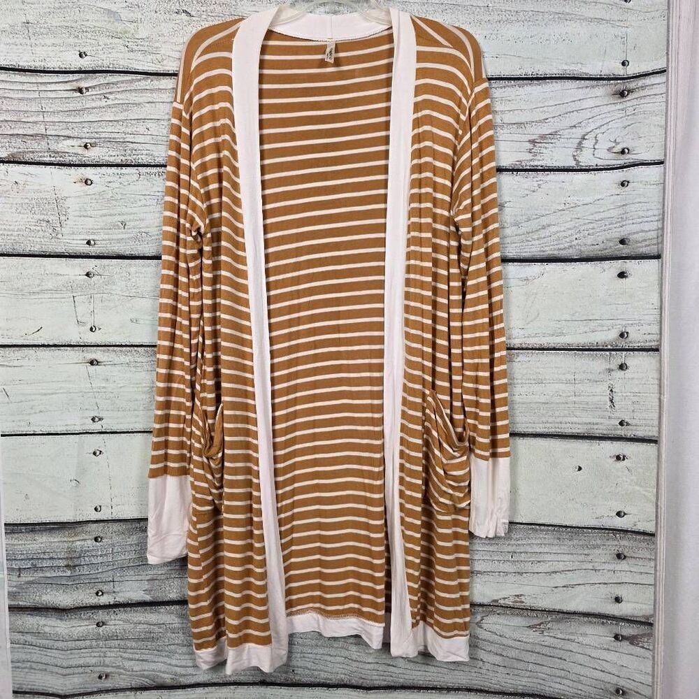 Magic Fit Camel White Stripe Long Cardigan Pockets Size L